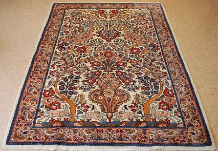 Persian SARUK RUG 4' 8" x 6' 6": Title: Persian SARUK RUG 4' 8" x 6' 6" Description:OLD, ANTIQUE HIGHLY DETAILED TREE OF LIFE DESIGN WITH ANIMAL_BIRD SUBJECTS FINE Persian -SAROUK ORIENTAL RUG .....HIGH KPSI_KORK WOOL....Size is 4' 8