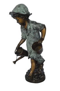Young girl gardening bronze fountain statue - Size: 12"L x 14"W x 28"H.: Title: Young girl gardening bronze fountain statue - Size: 12"L x 14"W x 28"H. Description: This young girl is gardening with a small watering can. Clearly she is dedicated to her craft. This statue i