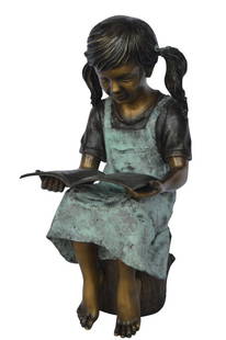Young girl sitting and reading book bronze statue - Size: 16"L x 12"W x 27"H.: Title: Young girl sitting and reading book bronze statue - Size: 16"L x 12"W x 27"H. Description: Magnificent large size bronze of a girl sitting and reading a book. The joy of youth, lost in a book a