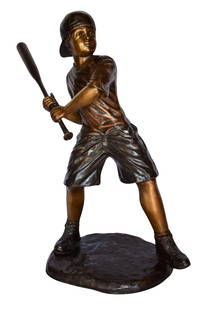 Young Boy in NY Yankees Cap Hitting Baseball Bronze Statue 40" x 22" x 40"H: Title: Young Boy in NY Yankees Cap Hitting Baseball Bronze Statue 40" x 22" x 40"H Description: With his Baseball bat in his hand, this sculpture shows the innocence of a young American boy with a NY