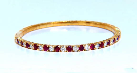 4.65ct vivid red natural ruby diamonds tennis Flexible Bangle bracelet 14kt: Ruby & Classic Alternating Tennis Flexible Bangle 2.50ct. Natural ruby bracelet. Rounds, full cuts Clean clarity Transparent & Vivid Reds. Average 2.6mm each 2.15ct Natural Diamonds Rounds & full cuts