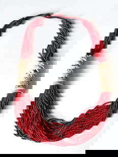 Konyak Naga Massive Red Glass Trade Bead Necklace: Konyak Naga Massive Red Glass Trade Bead Necklace. Classic, original, extremely substantial glass trade bead necklace traditionally worn by both men and women of the Konyak Nagas - these tubular red g