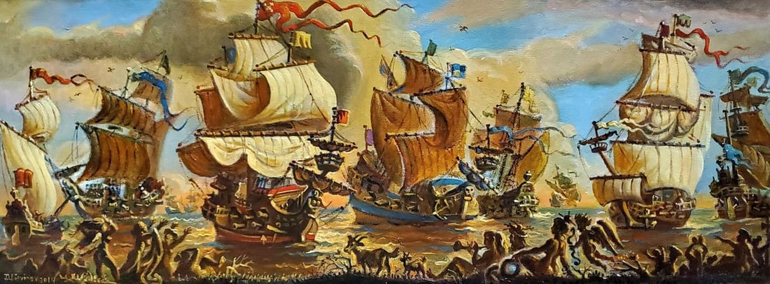 Oil painting Ships at the shore Daniil Litvinov: ?Litv 1190 *** ABOUT THIS PAINTING *** * TITLE: "Ships at the shore" * ARTISTS: Daniil Litvinov * SIZE: 94x35 cm/'37.00x13.77 inches' * MEDIUM: oil, canvas * HAND PAINTED: Original painting from our c