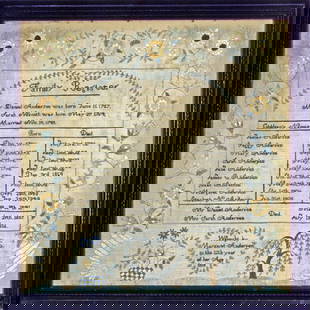 Family Register Sampler – New Hampshire dated 1818 -  Anderson Family: Margaret Anderson of Windham, New Hampshire, worked this family register sampler in 1818. This family register with its fanciful floral border is a wonderful example, and it was obviously cherished by