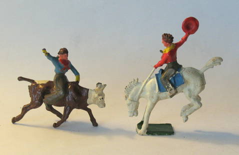 Vintage cast medal rodeo cowboy toys.: Title: Vintage cast medal rodeo cowboy toys. Date/Period: 1950's Dimension: 3 1/4&#8221; high Additional Information: Nice cast metal rodeo cowboy toys in great original paint, patina & condition. Shi
