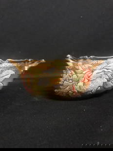 Nippon Coralene Bowl: It measures 6&#8221; x 4 3/8&#8221; x 2 3/8&#8221; high and is marked. It has a flea blite on the top rim and has two small pieces of coralene missing. Otherwise it has no other issues Shipping: Domes