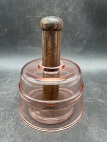 Antique Pink Depression Glass COW STAMP Butter Mold Press Wood Handle