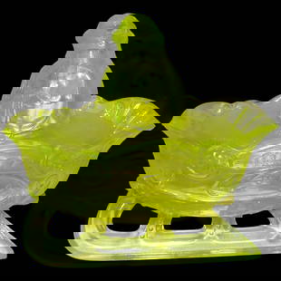 Westmoreland Vaseline Glass Santa on Sleigh Covered Candy Dish: This Westmoreland Vaseline Glass Santa and Sleigh is in excellent condition. NO chips, cracks, or flea bites. Glows bright green under black light. Made before WWII (1930-1940). This is a hard-to-find