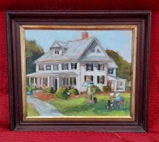 Impressionist Oil Painting House With People On Lawn 1920 Great Look.