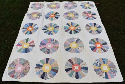 1935 Signed Ina Kimble REEL CENTER DRESDEN PLATE Quilt 64" x 78"
