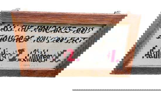 Hand Painted ALL YOU CAN EAT PANCAKE Sign 1930 Methodists Folk Art: Great look to this piece. Hand painted and well done Could be from 1920's. In a wood case under glass. Case was used for all types of anouncements Measures approximately 14 x 5". Shipping: Domestic: F