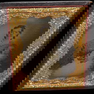 Antique Ambrotype Photo with Gold Gilt Metal and Hand Tooled Leather Frame: This Antique Ambrotype Photo with Gold Gilt Metal and Hand Tooled Leather Frame is in great condition. There is a note behind the picture stating when it was taken &#8211; 1866. Frames that are missin