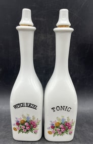 2qty Vintage Apothecary Barber Bottle Floral Milk Glass Prop Tonic Witch Hazel