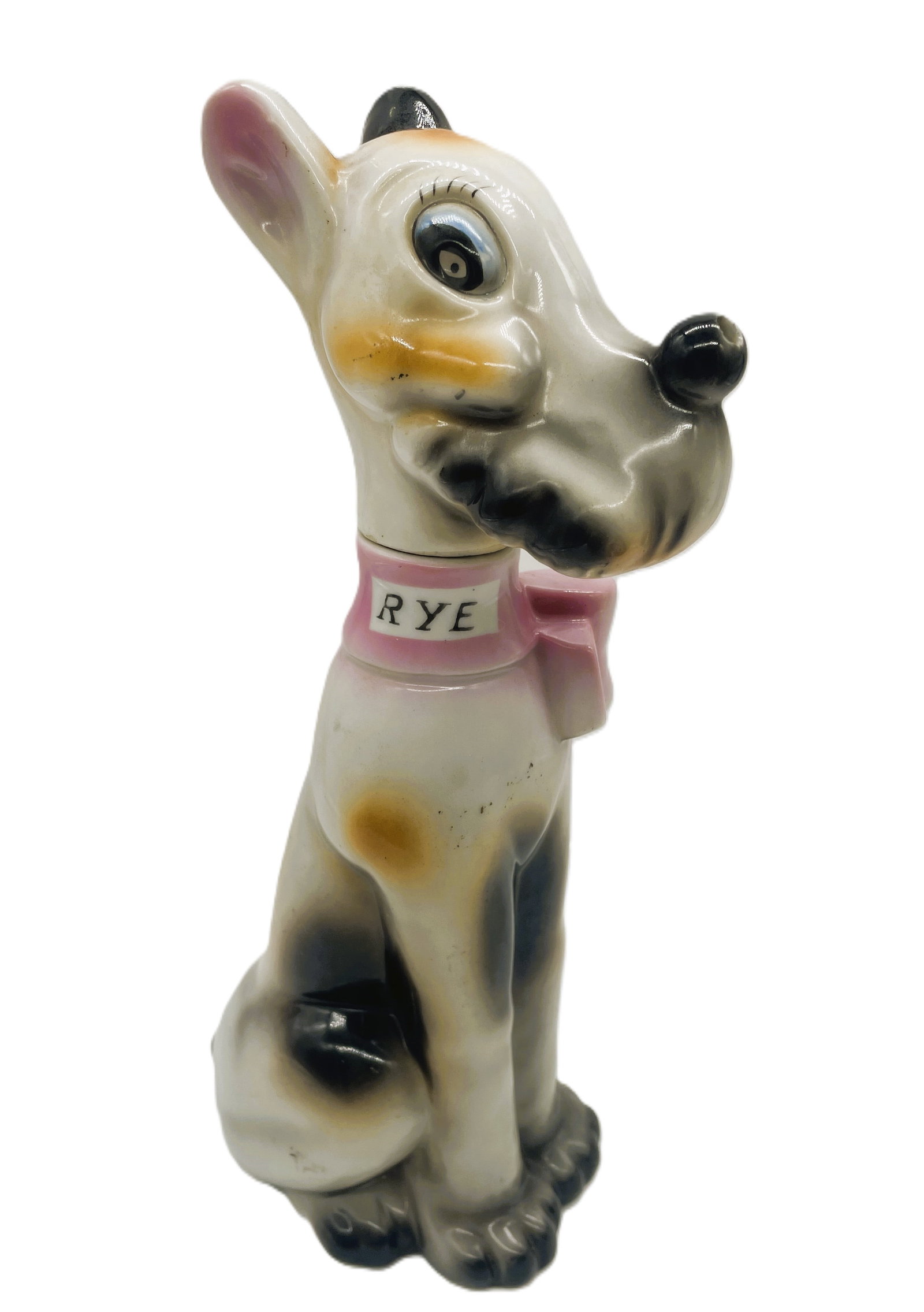 VINTAGE PORCELAIN SPOTTED SCOTTISH TERRIER DOG RYE DECANTER BOTTLE JAPAN: Title: VINTAGE PORCELAIN SPOTTED SCOTTISH TERRIER DOG RYE DECANTER BOTTLE JAPAN Date/Period: APPROX 1950'S Dimension: approx 10 x 4 x 4 Material: CERAMIC Additional Information: Great old bottle, the 