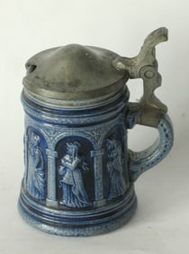 Vintage miniature stoneware & pewter decorated mug.