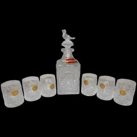 Hofbauer Byrdes 1950’s Crystal Decanter and 6 Matching Shot (tot) Glasses
