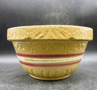 Antique Yellow Ware Mixing Bowl with Bands: Title: Antique Yellow Ware Mixing Bowl with Bands Date/Period: Approx 1930-40's Dimension: Approx. 9" x 4.75" Material: yellow ware, yellowware Additional Information: Roseville Ohio, RRP Co. 391--Yel