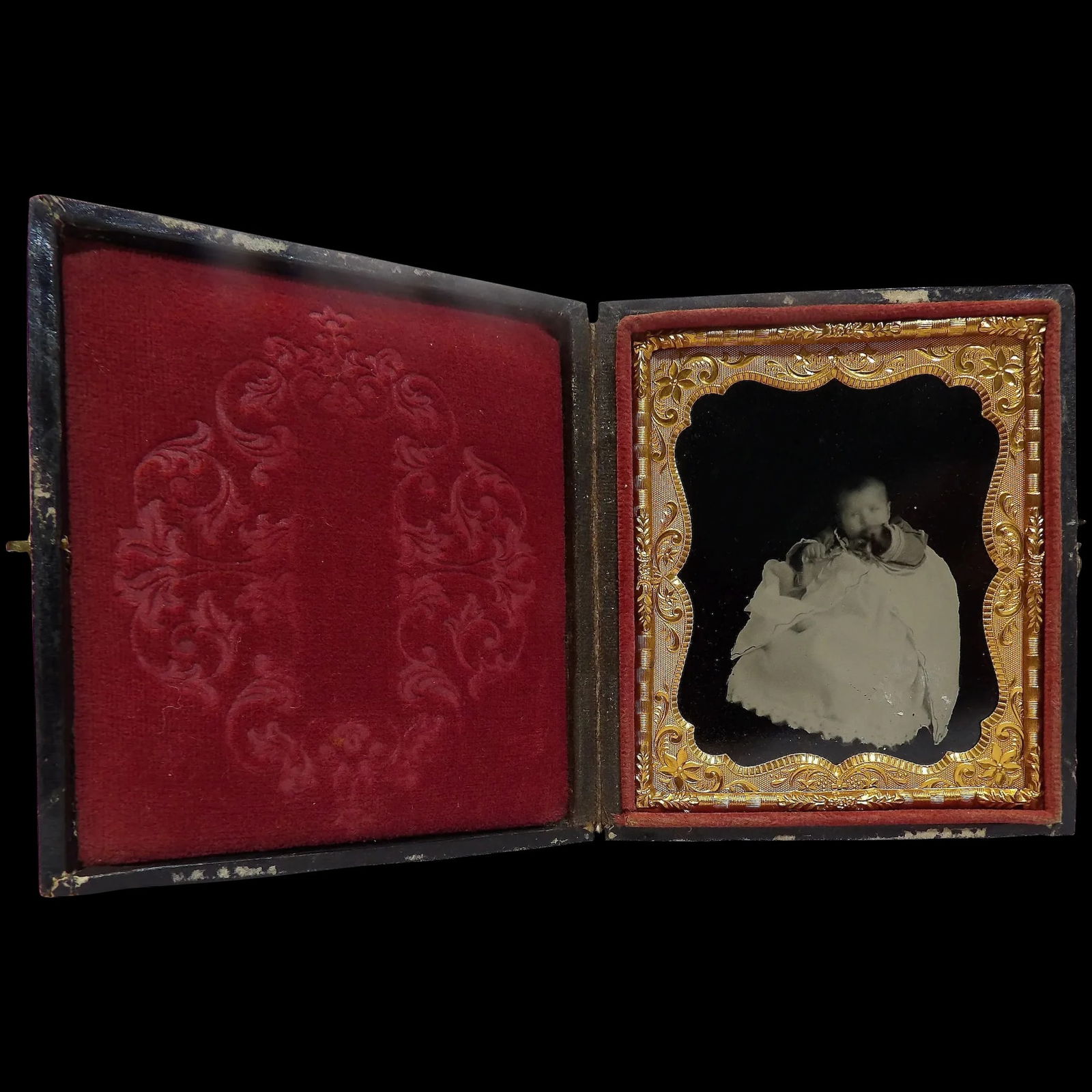 Antique Tin Type with Hand Tooled Leather Case & Gold Tint Metal Frame (1 of 8)