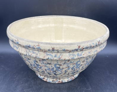 Primitive Pottery Spongeware Mixing Bowl: Title: Primitive Pottery Spongeware Mixing Bowl Date/Period: UNKNOWN Dimension: APPROX 10" x 5.75 tall Material: SPONGEWARE Additional Information: This beautiful pottery mixing bowl is perfect for ad