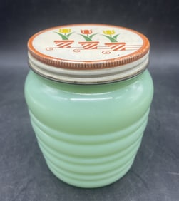1940s Fire-King Anchor Hocking Green Jadeite Tulip Lid Beehive Grease Jar