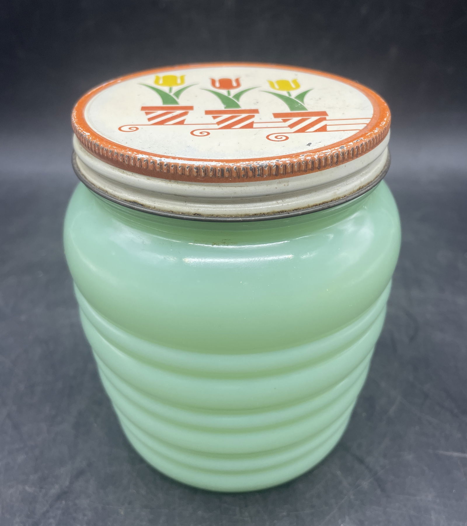 1940s Fire-King Anchor Hocking Green Jadeite Tulip Lid Beehive Grease Jar (1 of 8)