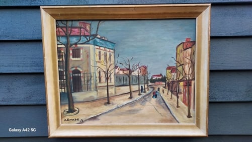 Street scene oil painting on Board 1920 signed great colors