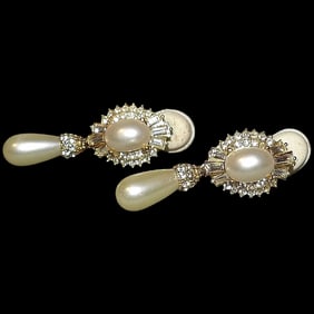 Vintage Art Deco Gold Tone & Pearl Crystal Rhinestone Dropper Earrings