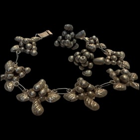 Vintage Mexican sterling Silver grape cluster link bracelet w/ earrings 1940s