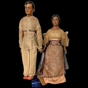 Antique Neapolitan Painted Carved Wood & Cloth Creche Figures Male & Female