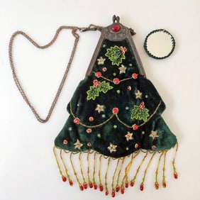 Wayne M. Kleski Velvet Embroidered Beaded Christmas Tree Holiday Purse Shoulder Bag
