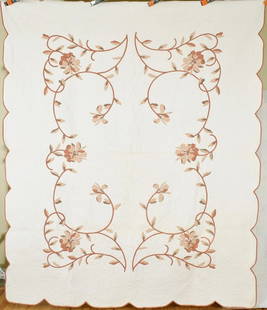 30's Floral Vine Applique Quilt: This BEAUTIFUL cotton 1930's brown and white floral quilt is all hand appliqued and hand quilted. It measures 76" X 92" and is excellent condition, with the occasional small, faint spot and no wear. T