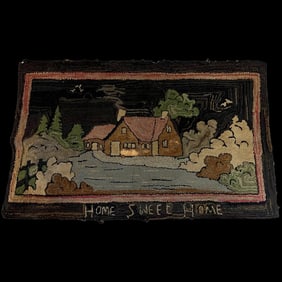 1880s, Handmade Antique Home Sweet Home American Hooked Rug 32x50"