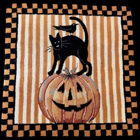 Halloween Black cat on pumpkin wool hook RUG