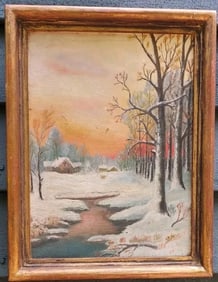 Antique Oil painting New England Winter Scene