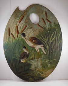 Antique Artist’s Palette Board w/ Shorebirds, Cranes