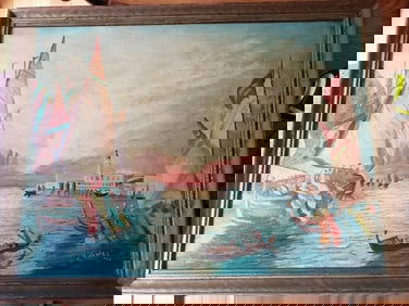 Oil painting harbor scene Great colors 1950