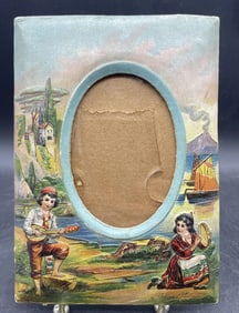 1890's CD KENNY CO. ADVERTISEMENT EMBOSSED HAND PAINTED GERMAN BOY/GIRL SCENE FRAME