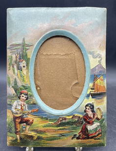 1890's CD KENNY CO. ADVERTISEMENT EMBOSSED HAND PAINTED GERMAN BOY/GIRL SCENE FRAME: Title: 1890's CD KENNY CO. ADVERTISEMENT EMBOSSED HAND PAINTED GERMAN BOY/GIRL SCENE FRAME Date/Period: approx 1890's Dimension: Aoorox 6 x 4.5 w x .5 d Material: thick paperstock Additional Informati