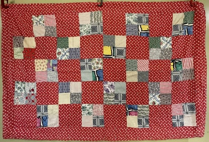 Vintage Farmhouse Quilt Red Stars, Handmade Antique Patchwork Folk Art 76 x 53