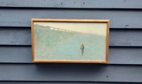 Beautiful Oil painting Man carrying flowers L. Beaman 1933 listed artist "first