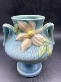 1940's Roseville Pottery White Clematis Blue Green 2 Handled Vase 188-6