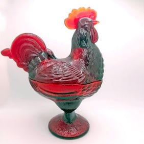 Westmoreland Red Colored Carnival Glass Large Rooster Hen on the Nest circa 1970