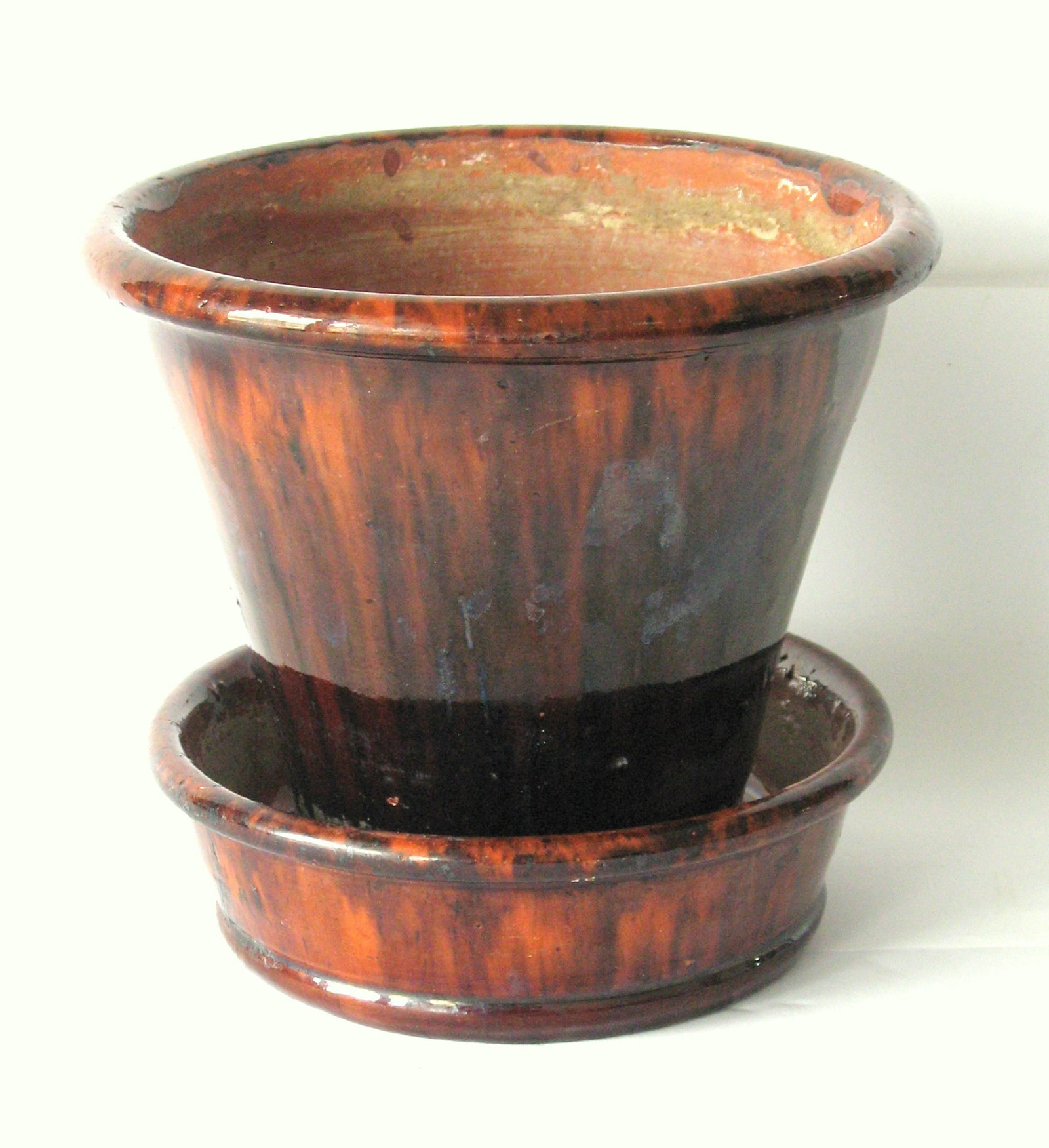 Antique John Bell decorated redware pottery flower pot.: Title: Antique John Bell decorated redware pottery flower pot. Date/Period: 1800's Dimension: 6 1/2” H 7” D Additional Information: Nice antique John Bell decorated redware flower pot in o