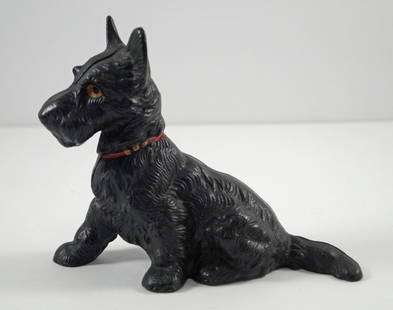 Scottie Dog Cast Iron Hubley Still Bank: Title: Scottie Dog Cast Iron Hubley Still Bank Dimension: 5&#8221; tall x 6&#8221; long x 2 &#188;&#8221; wide. Date: Circa 1930&#8217;s-40&#8217;s. Additional Information: Full-figure sitting Scottie
