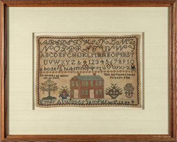 NEW ENGLAND HOUSE SAMPLER - by Emily Attwood dated 1844