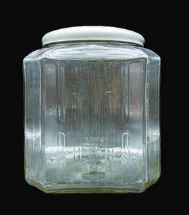 VINTAGE GENERAL STORE METAL LIDDED CANDY JAR: Title: VINTAGE GENERAL STORE METAL LIDDED CANDY JAR Date/Period: APPROX 1930-40'S Dimension: APPROX 7 X 5.5 X 6 Material: GLASS METAL Additional Information: VINTAGE GENERAL STORE METAL LIDDED CANDY J
