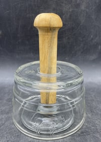 ANTIQUE GLASS BUTTER PRESS MOLD EMBOSSED COWS WOODEN PLUNGER HANDLE