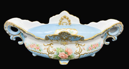 Antique Victoria Porcelain Ornate Lidded, Footed Dish