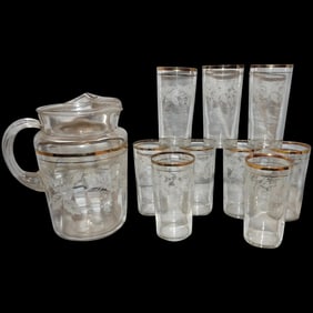1940’s Bartlett Collins Frosted Grapevine Pitcher and 9 Tumblers