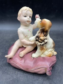 Andrea By Sadek Girl With Spaniel Dog On Pillow Porcelain Figurine 3407 Japan